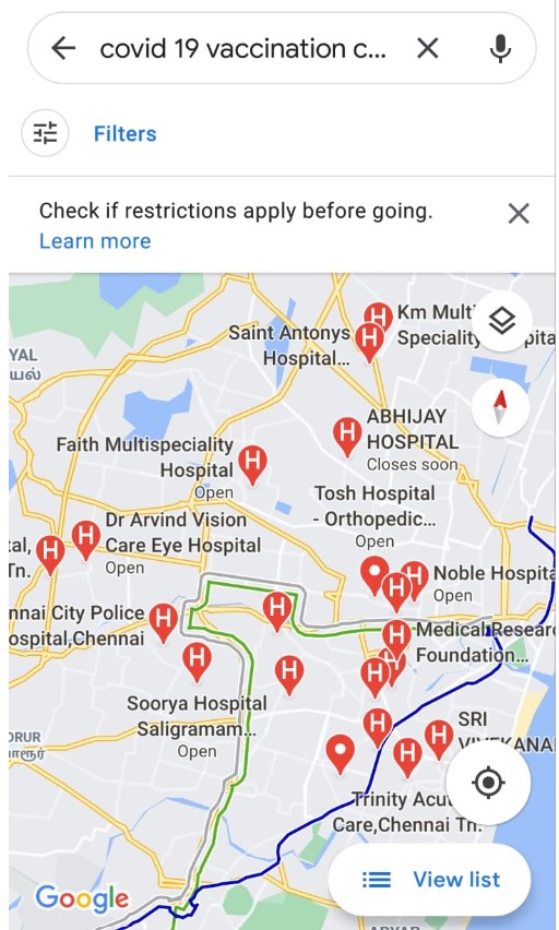 Google Map showing Covid-19 vaccination centers