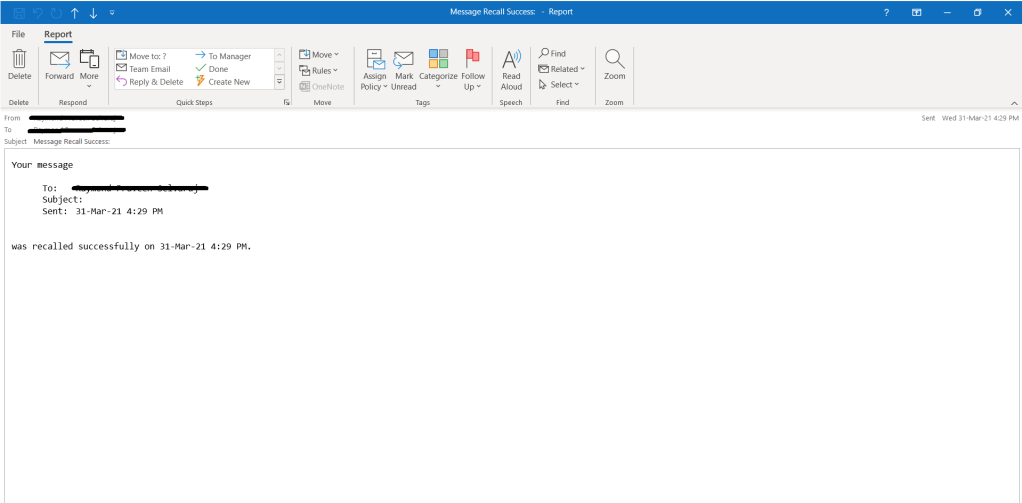 Message recall success message