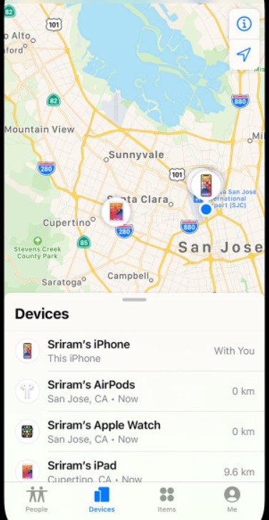 Find My app- devices tab