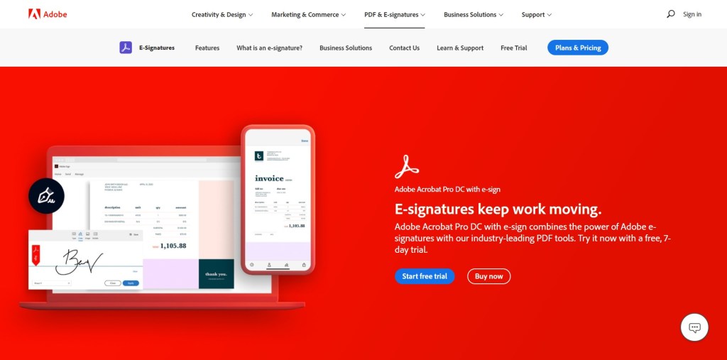 Screenshot of Adobe Sign website
